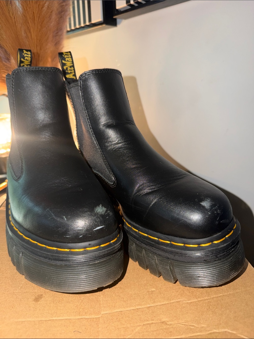 Dr. Martens Black Leather Platform Chelsea Boots with Yellow Stitching - Picture 4 of 11
